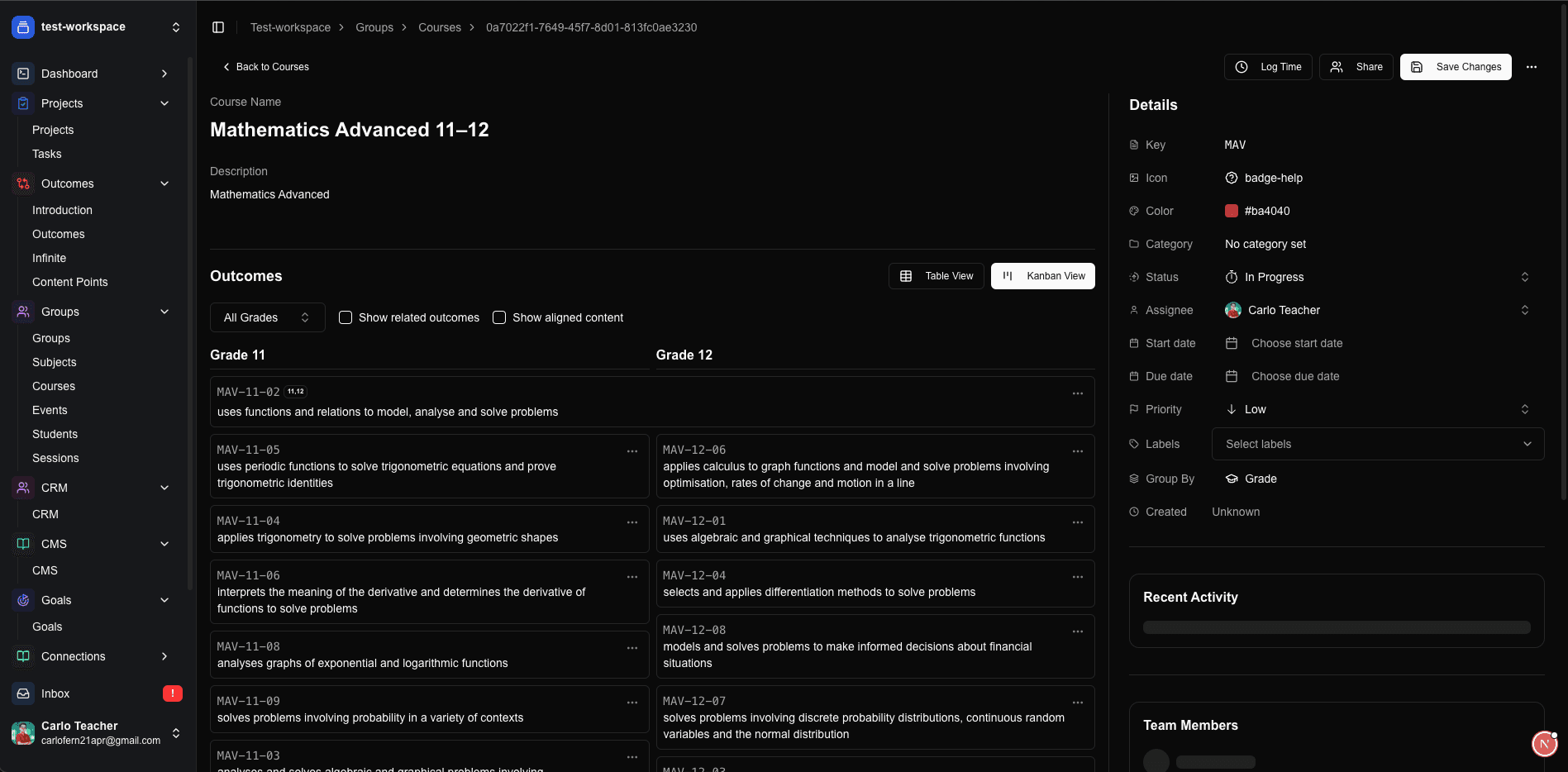 Manage Courses, Outcomes, and Classes